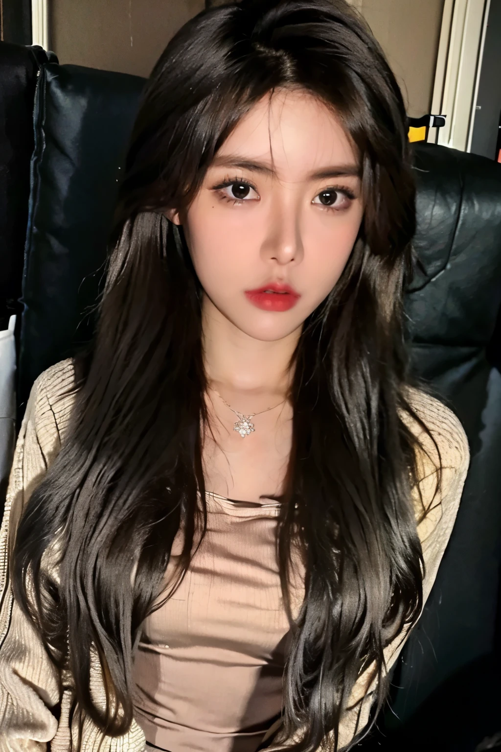 masterpiece,8K,High-definition quality,An eighteen-year-old woman,She is as beautiful as a fairy,Exquisite makeup,Mysterious and cute,Black long hair,Wearing a cardigan sweater,The upper body is bulging,Wide neckline,Enticing viewers to give tips,Sitting in a gaming chair,The background is at home,Studio