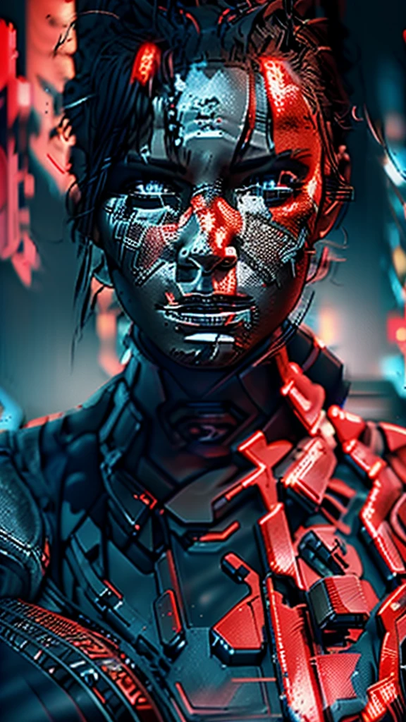 A asian beautiful giant robot, with red details, walking in a bridge, many abandoned cars, post apocalyptic scene. The illustration is in high definition at 4k resolution, with highly-detailed  features and cinema-style visuals. Animation 3d style, hyper realistic, 60mpx, cold cinematic illumination, high steel textures, many reflects in your body. Wide view, aerea view