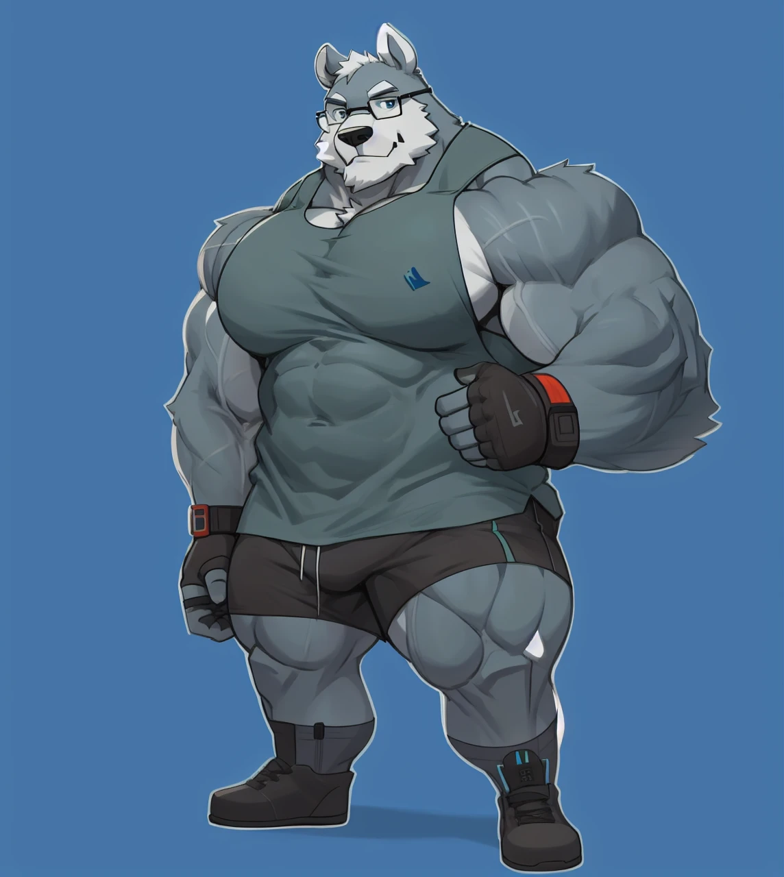 solo, 1boy, Huge Muscular White Polar Bear wearing glasses, huge white fur, pectoral, huge pectoral, wide pectoral, short white hair, blue colored short pants, blue colored wristbands and blue colored tank top, white bearded, white Mustache, white fur, simple background, masterpiece, high detailed, 8k, high resolution, at the gym, flexes huge muscles