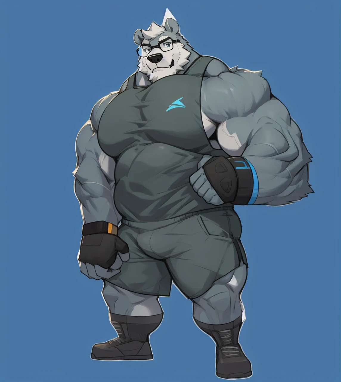 solo, 1boy, Huge Muscular White Polar Bear wearing glasses, huge white fur, pectoral, huge pectoral, wide pectoral, short white hair, blue colored short pants, blue colored wristbands and blue colored tank top, white bearded, white Mustache, white fur, simple background, masterpiece, high detailed, 8k, high resolution, at the gym, flexes huge muscles