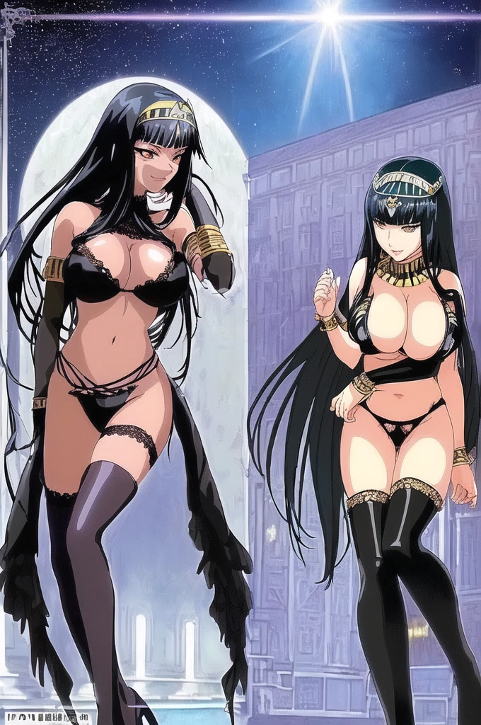 ((Anime illustration)),At the resort pool on a moonlit night,Beautiful night view,((Black-haired Cleopatra)),Beautiful black bikini,((Gorgeous big breasts shining)),Lace Top Stockings,Knee-high boots,Long satin gloves,(Laughing with your fingers),Crossing your legs,Condescending look,Provocative pose,Sexy Body NSFW, bra lift