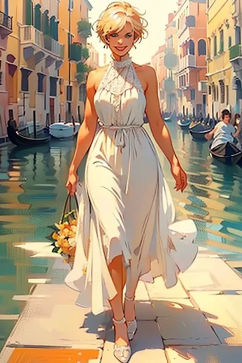 venice, italy. athletic blonde woman, (short hair), tomboy, cute, ((smile)), white sundress, wedge heels, light makeup. masterpi...