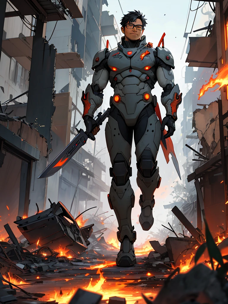 A round-faced Indonesian man with glasses and a kopyah, wearing a mecha suit, walks holding a weapon amidst war-torn ruins filled with fire. This photo's creativity captivates by blending traditional and futuristic elements, creating a striking and meaningful visual.