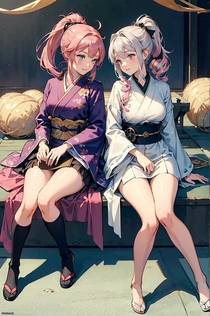 two shot, (2 robot girls), ((masterpiece)), best quality, ultra-detailed, extremely detailed, 4K, 8K, best quality, beautiful, (no bad anatomy), watercolor, anime style, dynamic angle, jumping pose, Japanese-style room, 2 cute girls, shrine maiden, beautiful pink hair, beautiful silver eyes, beautiful eyes, ponytail, flowers, Japanese sword, smile, light smile, sparkling effect,--extra_legs,