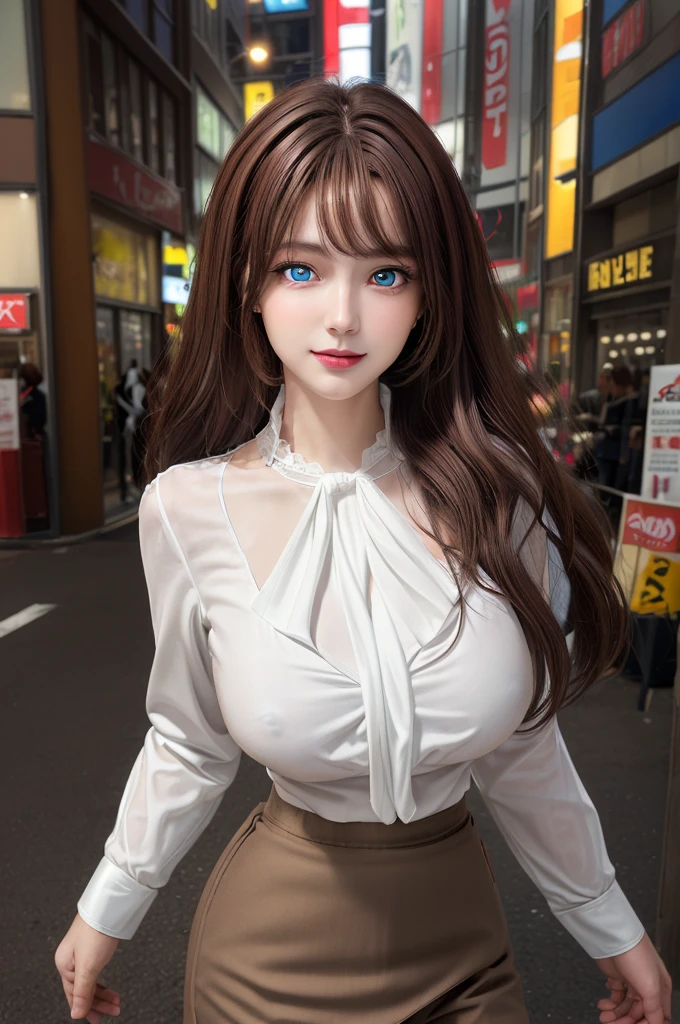 Tabletop, Highest quality, figure, Super detailed, In detail, High resolution, 8k wallpaper, Perfect dynamic composition, Beautiful attention to detail, Wavy long hair,Big breasts Natural color Lips, Sexy pose,smile,Harajuku、25-year-old woman、Beautiful woman、Looking at the camera、Super Real、(((Reality:1.5))),(((White blouse、skirt、Brown Hair、Big and beautiful eyes:1.5)))、Standing posture、Angle from directly above、(((One Woman:1.5)))、blue eyes