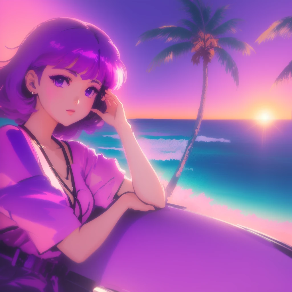 anime cute girl sun bathing with long dress, purple car with palm trees and ocean with beautiful sunset in background , lofi girl, art deco outrun anime aesthestic, lofi artstyle, lofi girl aesthetic, lofi aesthetic, 8 0s anime vibe, lofi art, anime vibes, anime aesthetic, lofi vibes, lofi feel, in the art style of 8 0 s anime, vaporwave cartoon