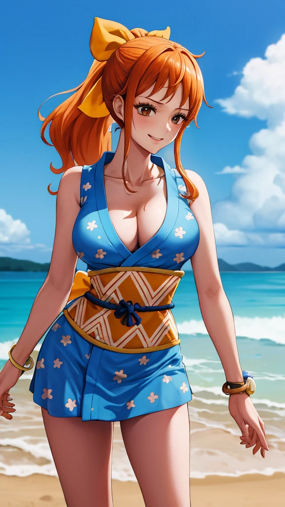 masterpiece, best quality, highres, nami (one piece), long hair, orange hair, low ponytail, hair ribbon, blue ribbon, brown eyes, collarbone, cleavage, short kimono, blue kimono, sleeveless, bare hands,  bracelet, sash, obi, standing, cowboy shot, challenging pose, beach mood, beautiful beach, smile,