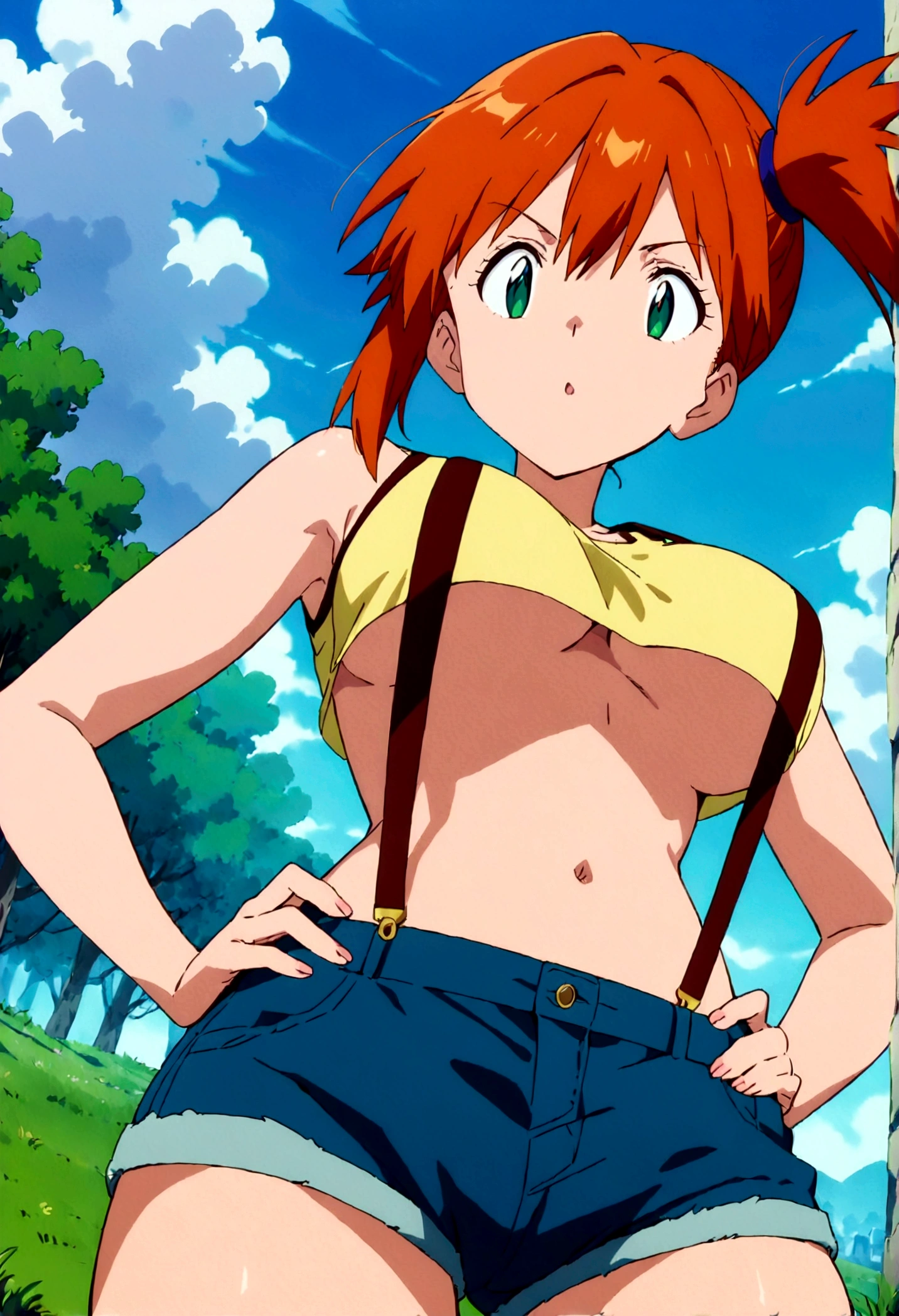 score_9,score_8, score_7_.superior,from below,breast focus, .,  (mature) , (outcome), One girl, , Foggy, alone, Outdoor, Green Eyes, Orange Hair, Side Ponytail, Yellow Shirt, Sleeveless shirt,belly button, Denim shorts, suspenders,  Captivating look, Seductive expressions),(under_boob),,(shirt pull),hands on own hip,great lighting,  perfect hands, detailed shadows,sky,grass,   　anime artwork, anime style, key visual, vibrant, studio anime,
highly detailed, newest, late, anime coloring, masterpiece, best quality,
best aestethic, absurdres,
