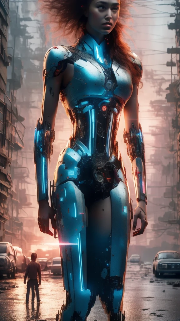 A asian beautiful giant robot, with red details, walking in a bridge, many abandoned cars, post apocalyptic scene. The illustration is in high definition at 4k resolution, with highly-detailed  features and cinema-style visuals. Animation 3d style, hyper realistic, 60mpx, cold cinematic illumination, high steel textures, many reflects in your body. Wide view, aerea view