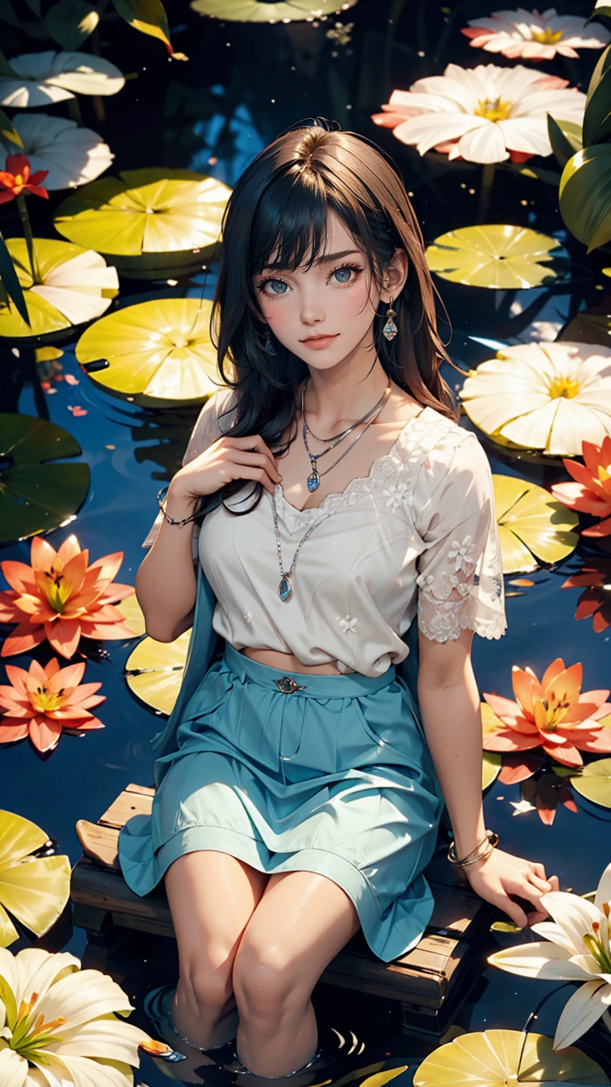 Lily Pond、young woman'Misty blue classic skirt, Vest and Cavalier Blouse、French woman、white、Silver Hair、blue eyes、Wavy Hair、smile