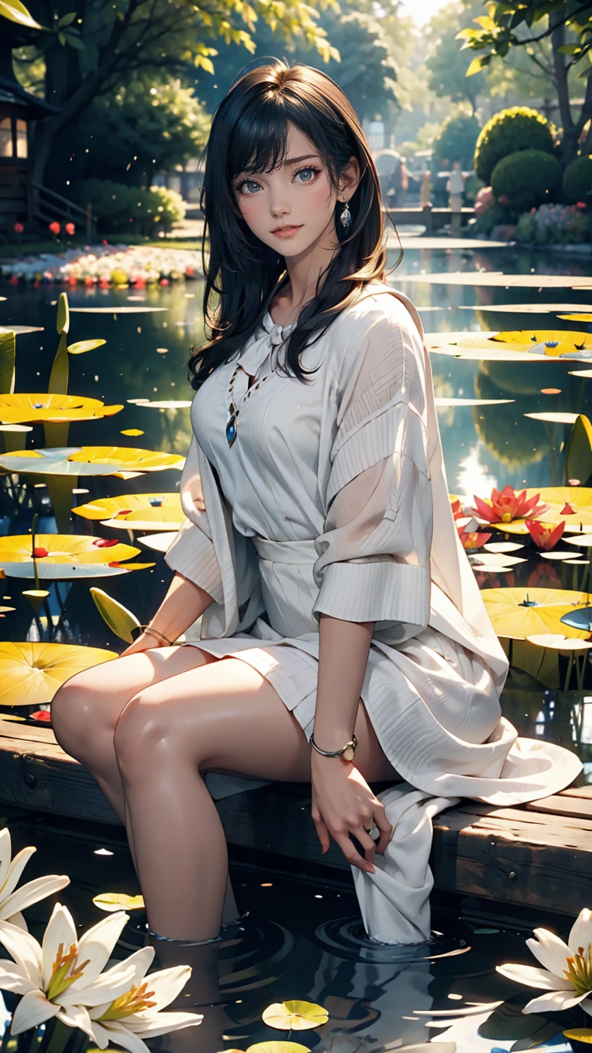 Lily Pond、young woman'Misty blue classic skirt, Vest and Cavalier Blouse、French woman、white、Silver Hair、blue eyes、Wavy Hair、smile