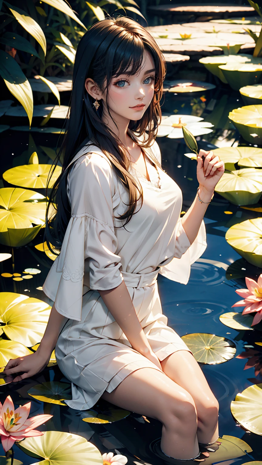 Lily Pond、young woman'Misty blue classic skirt, Vest and Cavalier Blouse、French woman、white、Silver Hair、blue eyes、Wavy Hair、smile