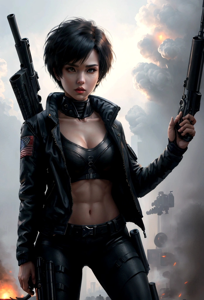 woman short hair. very sexy body in black jacket. with two guns shooting terminator