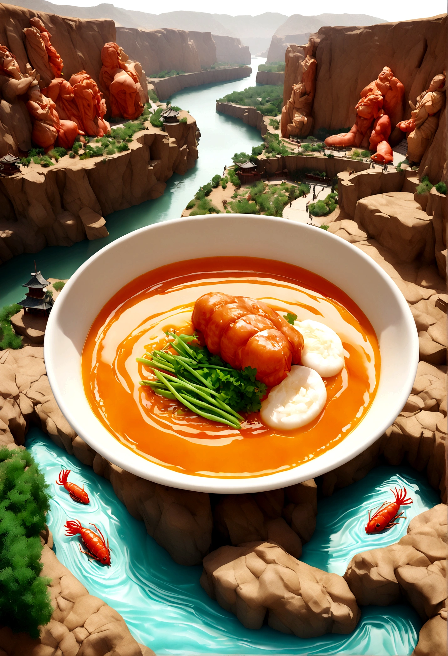 "Create a 3D-styled image featuring a white river flowing through the center, bordered by a vibrant orange-red shrimp soup. The edges of the river are lined with cliffs, adorned with various sculptures made of appetizing foods. These sculptures include muscular meat, chives, and shrimp. The overall scene should maintain the structure of the cliffs but evoke a sense of deliciousness, with the food looking enticing and realistic, not too abstract. Additionally, add a spoon and chopsticks forming a sailboat, gliding along the river."