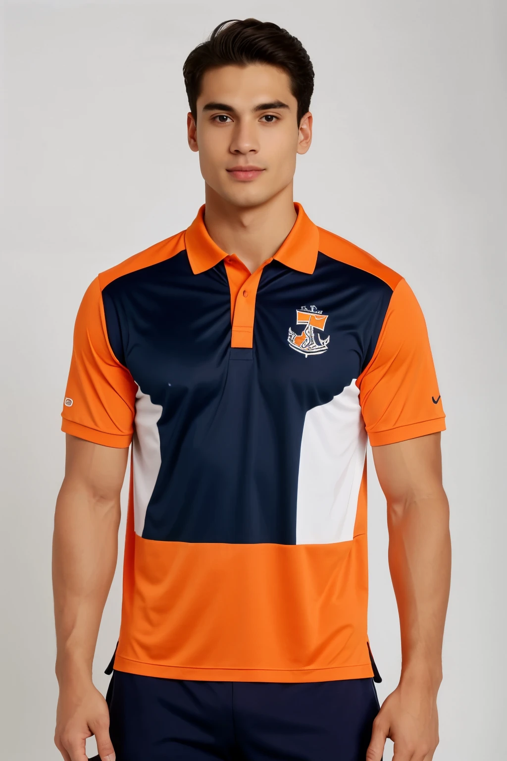 sports polo with white design, orange and navy blue, that they have the word of promotion 2024.