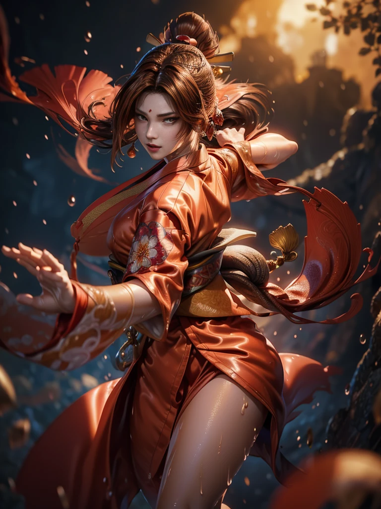 (exquisitely detailed CG unity 8k wallpaper, masterpiece-quality with stunning realism), (best illumination, best shadow), (best quality), (elegant style:1.2), Arti modern anime. angled view, heroic pose, (cel-shading style:1.3), centered image, ultra detailed closeup portrait of (Mai Shiranui:1) from (King of Fighters), best quality, expressive eyes, perfect face, highres, (ultra details), 1 girl, solo, (brown hair:1), hair ornament, eyeshadow, (gold, white and mainly red qipao:1), highly ornamented, (in Tokyo City:1), portrait, looking at the viewer, piercing eyes, full body, (light from the angle:1) (wind blowing:1.2).(depth of field effects:1.3) (motion action:1.2) (closeup:1.2) (motion blur effects:1), Thin to transparent,see-through, (((Soggy-kimono:1.2))),Lace fabric, (((water-immersed body: 0.9))), jewellery, (holding an oriental fan on fire:.8), (asian face:1), nail polish, makeup , (fighting attack pose:1.2), (spinning turning around:1), (clothing on fire with flames:1)