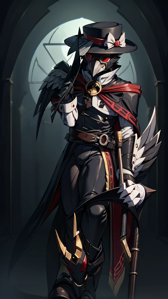 Man with crow mask，Man with a bowler hat，One hand holding the hat，Black shawl，Turtleneck shirt，Skirt，Robe hem，Pestle on crutches，Walking stick，Luminous glasses，Compound eyes，Luminous glasses，Plague doctor mask，Beak mask