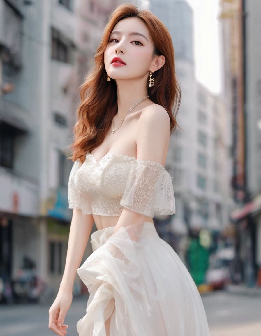 ((top quality、8K、​Masterpiece:1.3))、Extremely delicate beautiful girl，with long pink bhair, huge breasts，bigger breasts，amazing breast size，G cup，Sunset。Wear big earrings，Very white skin，moist red lips，Waist is very thin，Thighs are very thin，BIG ASS，exposed，fair and smooth skin，Smooth and fair skin，flawless skin，Fair and shiny skin，Cold white skin，The camera focuses on the chest，bright light，Bandeau Dress，Transparent skirt，Openwork skirt，Exposed shoulders，brown hair，Back exposed to buttocks，The back is exposed to the waist and hip line，Smooth white back，Stand sideways，Straight posture