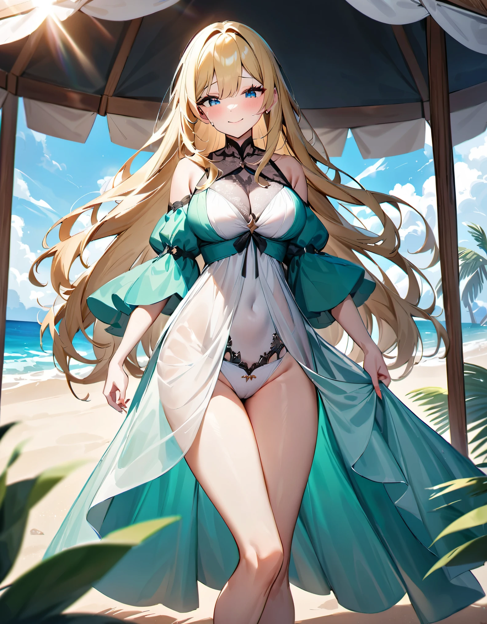 (masterpiece, best quality, very aesthetic, absurdres, :1.2), (1girl, blonde long hair:1.3), kawaii, blushing, crying with defloration, (sad despair smile:1.0), lost_virgin blood from pussy, (defloration blood:1.3), A beautiful woman wearing a thin baby doll stands in the sunlight on a beautiful beach with blue sea and white sand. Her baby doll has an elegant and sexy design, beautifully highlighting her ample H-cup breasts and narrow waist. The delicate lace and chiffon of the baby doll sway in the wind, gracefully covering her white skin. Her face is very beautiful, her blonde hair shines in the sunlight, and her blue eyes blend in with the blue sky. Her expression is calm and confident, and her smile softens the atmosphere around her. Her skin is very white, soft and smooth, and shines in the bright sunlight. The beach is decorated with parasols and deck chairs, creating a relaxing atmosphere. She stands on the sand, posing with her legs slightly spread, enjoying the beauty of nature. The gentle sound of the waves lapping on the shore can be heard, and in the background, lush palm trees sway and the emerald green sea spreads out.