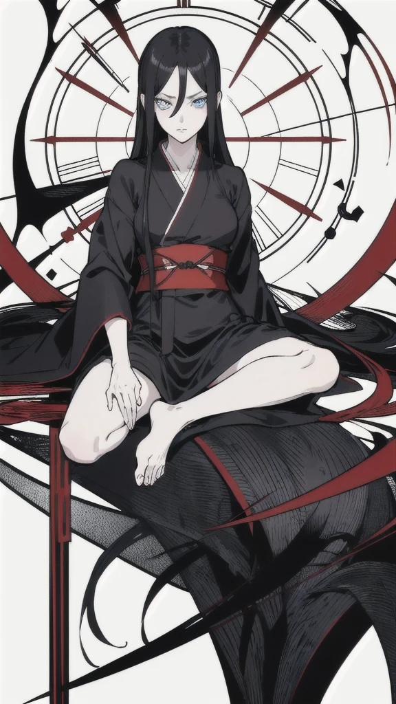 black-haired girl, long straight hair, serious expression, blue eyes, long eyelashes, hourglass-shaped body, black and red yukata, sitting on her knees, Jujutsu Kaisen style
