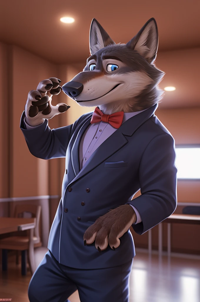Larry (Zootopia), wolf, Gray Fur, (brown body:1.3), beautiful blue eyes, Zootopia, dressed,blazer,pink shirt,trousers,bow tie, canine,wolf, Detailed fur, male, antro, paw pads, finger claws,одевает bow tie, Plays,at viewer, 5 fingers, paws, 4 toes, in the marriage palace, groom, next to stepfather, белый wolf, 
BREAK from nextel, for dating, by xenoforge, (difficult, high detail,digital photography, soft focus, RAW, close to the camera, smile, positive, good, mood, Houses, looks at the viewer, очень close to the camera танцевальный зал, dancing tango,dance teacher, ring on finger, 
Photorealism, realistic, photorealistic,digital style, Subsurface scattering,очень close to the camera
шедевр, Best quality, ultra realistic, 8 k)