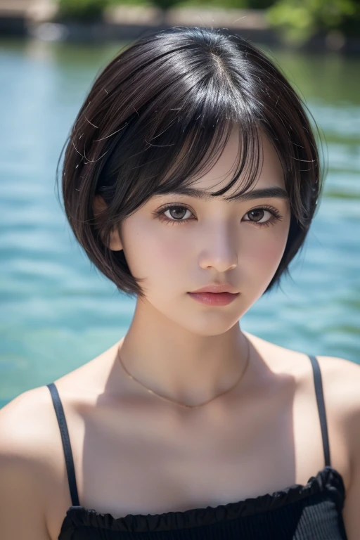 1 woman,short hair,black hair,Droopy eyes,Single,thick eyebrows,pov face,24-years-old,Type A,Childhood friend,Break upper body,photorealistic,8K raw photo,midjourney style,masterpiece,best quality,super fine illustration,8K,8K quality,beautiful background,detailed background,