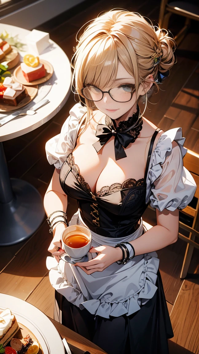 (Highest quality, masterpiece), (Ultra-high resolution, 8k RAW photos, Photorealistic:1.5, Fabric Shading, Thin contours, Clear focus:1.2), Beautiful mature woman making tea_Garden party, Standing by the round table, (Meisen tea set, you can, Tea cup, Some cakes on a plate), Delicate and elegant baroque style white table with gold accents and royal ornaments_green, Light wear_茶色のMaid clothes, Cleavage, Maid clothes:1.2, Long Flared Skirt, apron, Bow tie on chest, Tall Sally, Long legs, Gray Hair, (Wearing thin glasses:1.2), (Mature Woman:1.5, 28 years old, alone), (Large Breasts, Saggy breasts, big , Tight waist), (medium short Gray Hair, Hair on one eye, (Updo:1.2), Side Lock, Asymmetrical Hair, Wavy Hair), (Bright Eyes, Fine grain, A face with attention to detail, perfect face shape, Bloodshot eyes), (A seductive smile, Half-close your eyes), (Looking at the audience:1.3), (Dynamic Angle, whole body, From above:1.2), ((Correct Anatomy:1.5, The right move)), (Ideal body proportions), (Outdoor:1.2, grassland),