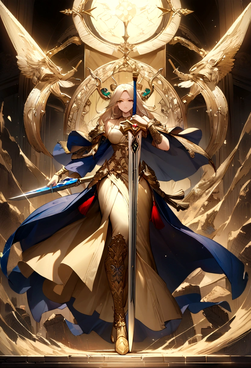 (best quality,4K,8K,high resolution,masterpiece:1.2),Extremely detailed,Practical,Sword of the Master,Legendary weapons,exquisite craft,Detailed handle,Sharp blade,Proper proportions,Beautifully textured,Excalibur,Iconic symbols,Hero&#39;s Weapon,Forged by the Gods,Sword of Destiny,Magic Blade,Shining blue halo,Legendary Battles,Ultimate Power Weapon,Destined to defeat,Video Game Weapons,The Chosen Sword,Exquisite design,Complex carving,Powerful Artifact,Epic Hero&#39;s Journey,Impeccable quality craftsmanship,Eye-catching and elegant,The core of the artwork,Shining with divine energy,Sharp enough to cut through anything,Radiant intensity and power,Fit for a true hero,Paying tribute to games in an artistic way,The hero&#39;s signature weapon,Original metal products,Extreme attention to detail,The hilt of the sword is inlaid with colorful gems,Legendary inheritance,unbreakable:Focus on the reflections and highlights of the blade,Create a sense of awe,Showcase iconic swords in dynamic poses and perspectives,展现Sword of the Master的神话精髓和力量.