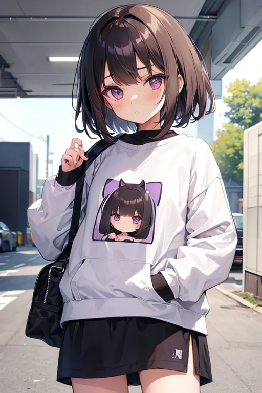 Girl with short messy brown hair with bangs, purples eyes, Appearance exhausted, small, Black and white sweatshirt, chibi, hentai