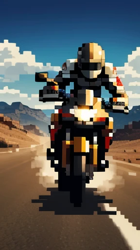 a high-speed motorcycle speeding through a desert landscape, dramatic motion blur, extremely detailed, photorealistic, 8k, hyperrealistic, cinematic lighting, winding road, dramatic clouds, sun glare, dynamic composition, speed lines, dust trails, intense adrenaline