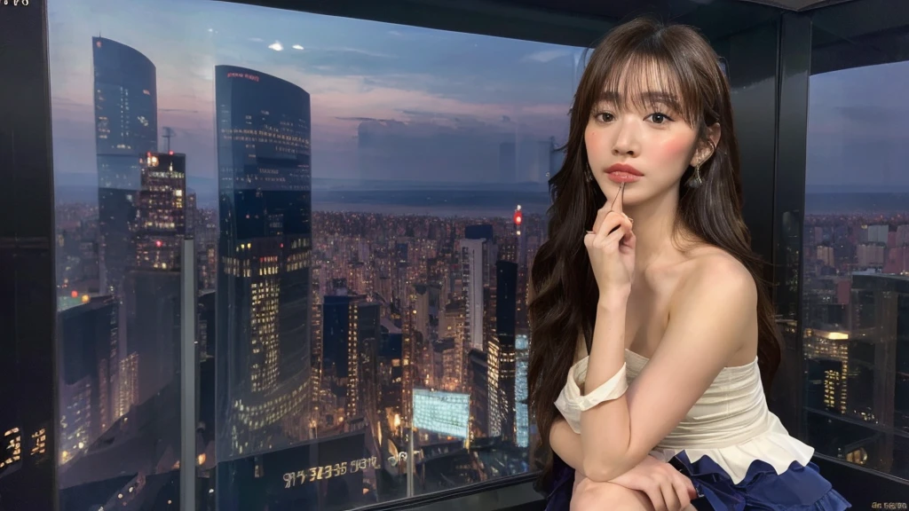((best quality, 8k, masterpiece: 1.3)), sharp: 1.2, perfect body beauty: 1.4, slender abs: 1.2, ((layered hairstyle, big breasts: 1.2)), (bandeau dress white: 1.1 ), city streets: 1.2, highly detailed facial and skin textures, detailed eyes, double eyelids, long brown hair, thin dress, hands behind, squatting, slightly revealing panties, revealing cleavage.