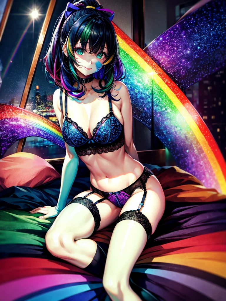 Highest quality,Highest Resolution,4K quality,Rainbow city night view outside large window in modern bedroom((Rainbow colors))の下着着用のsmileの女性の横顔,Jet black ponytail,Dark room,((Rainbow colors))Sexy lingerie,Many water drops on the window,garter belt,High leg,Rainbow colorsの下着,Knee-high stockings,smile,Landscape,Colorful eyeballs,Small bra,
