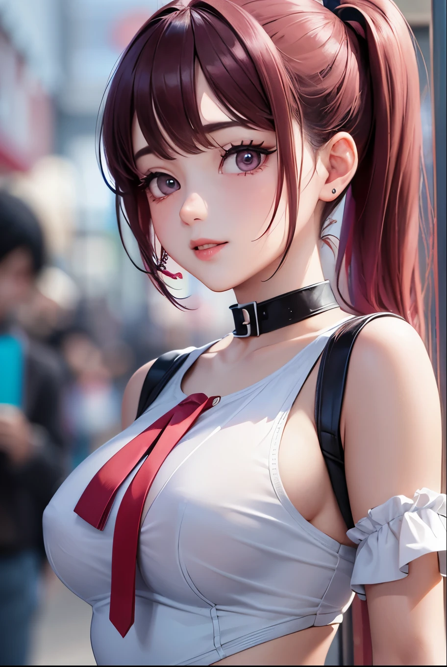masterpiece, best quality, highly detailed, high resolution, expensive resolution, high resolution, 4k, 8k, uniform 8k wallpaper, highly detailed CG, masterpiece, 2d, 3d, beautiful details, depth, fine texture, best quality: 1.3, perfectly focused, sharp. skin, him, very cute anime girl, her name is Mei, short pigtails, idol, in the rain, expensive pink short pigtails, mole under eye, looking at the viewer, expensive, blush, mole, open lips, pink eyes, heart shaped choker, smiling face
