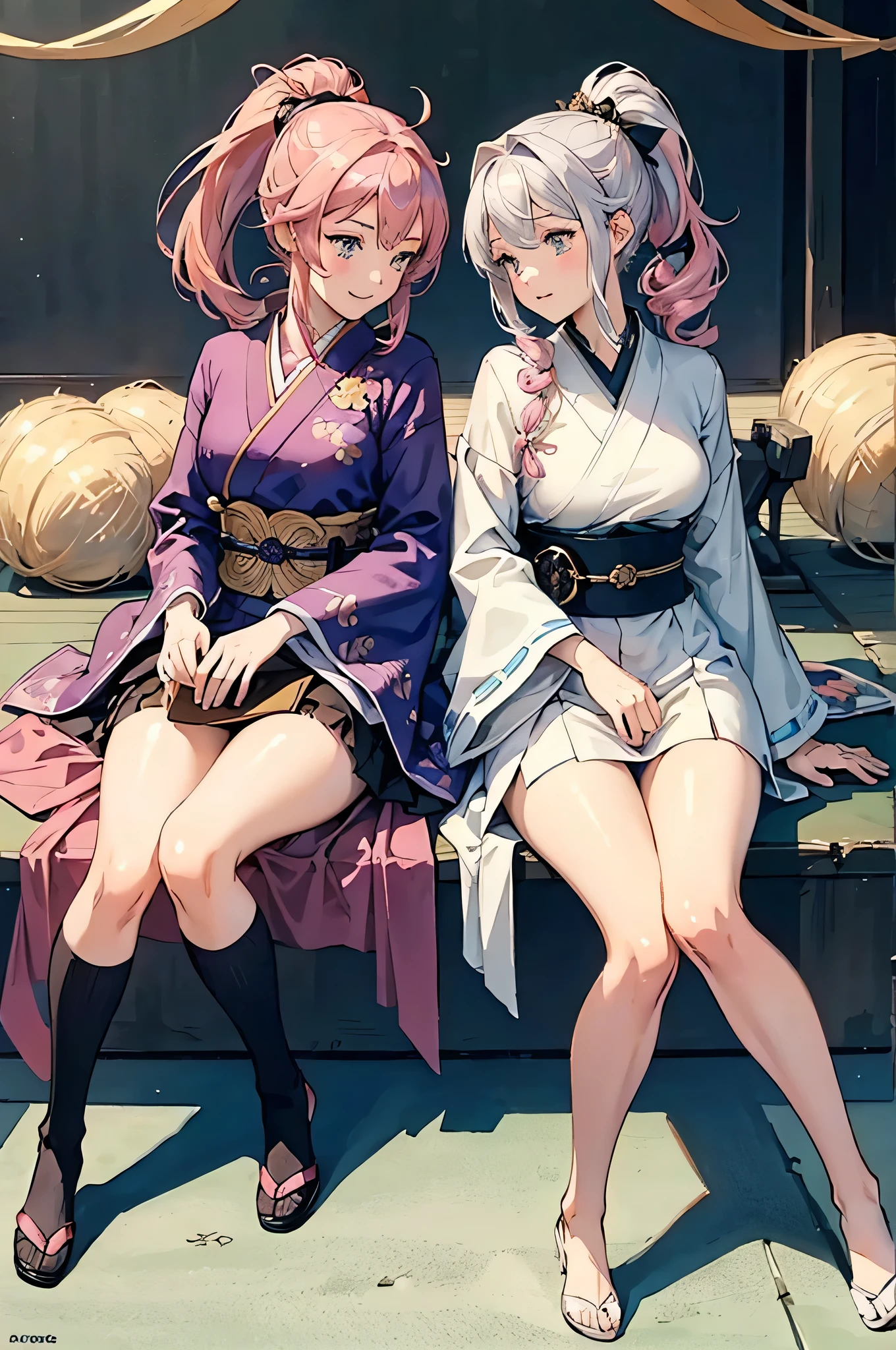 two shot, (2 robot girls), ((masterpiece)), best quality, ultra-detailed, extremely detailed, 4K, 8K, best quality, beautiful, (no bad anatomy), steampunk, watercolor, anime style, dynamic angle, Japanese-style room, 2 cute girls, shrine maiden, beautiful pink hair, beautiful silver eyes, beautiful eyes, ponytail, flowers, Japanese sword, smile, light smile, sparkling effect,--extra legs