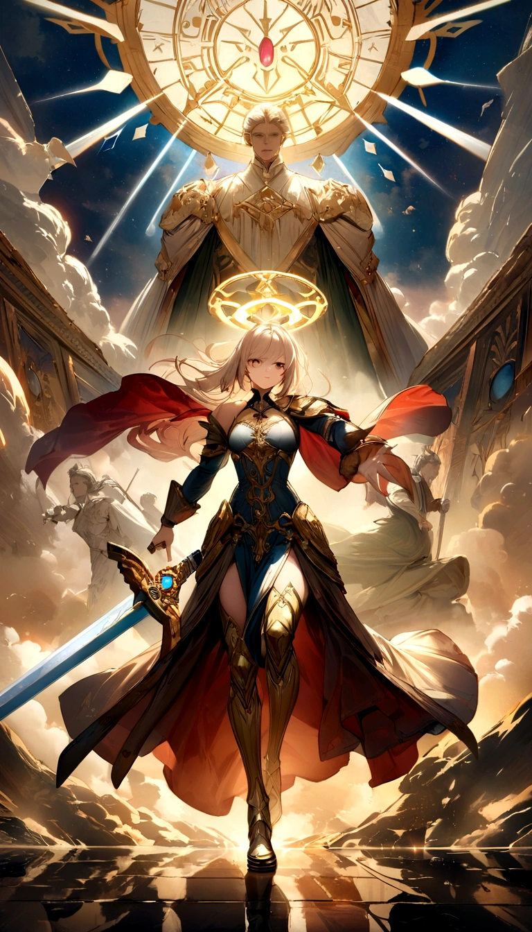 (best quality,4K,8K,high resolution,masterpiece:1.2),Extremely detailed,Practical,Sword of the Master,Legendary weapons,exquisite craft,Detailed handle,Sharp blade,Proper proportions,Beautifully textured,Excalibur,Iconic symbols,Hero's Weapon,Forged by the Gods,Sword of Destiny,Magic Blade,Shining blue halo,Legendary Battles,Ultimate Power Weapon,Destined to defeat,Video Game Weapons,The Chosen Sword,Exquisite design,Complex carving,Powerful Artifact,Epic Hero's Journey,Impeccable quality craftsmanship,Eye-catching and elegant,The core of the artwork,Shining with divine energy,Sharp enough to cut through anything,Radiant intensity and power,Fit for a true hero,Paying tribute to games in an artistic way,The hero's signature weapon,Original metal products,Extreme attention to detail,The hilt of the sword is inlaid with colorful gems,Legendary inheritance,unbreakable:Focus on the reflections and highlights of the blade,Create a sense of awe,Showcase iconic swords in dynamic poses and perspectives,展现Sword of the Master的神话精髓和力量.
