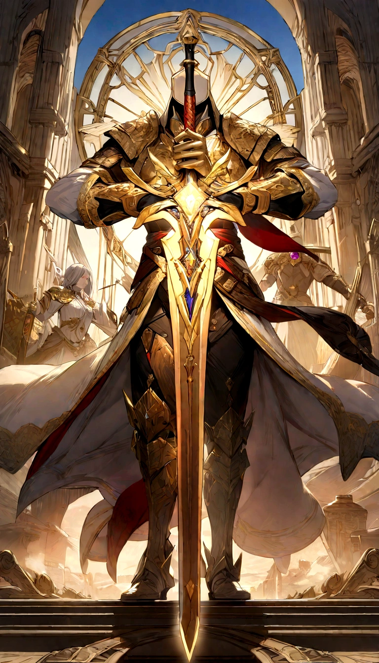(best quality,4K,8K,high resolution,masterpiece:1.2),Extremely detailed,Practical,Sword of the Master,Legendary weapons,exquisite craft,Detailed handle,Sharp blade,Proper proportions,Beautifully textured,Excalibur,Iconic symbols,Hero&#39;s Weapon,Forged by the Gods,Sword of Destiny,Magic Blade,Shining blue halo,Legendary Battles,Ultimate Power Weapon,Destined to defeat,Video Game Weapons,The Chosen Sword,Exquisite design,Complex carving,Powerful Artifact,Epic Hero&#39;s Journey,Impeccable quality craftsmanship,Eye-catching and elegant,The core of the artwork,Shining with divine energy,Sharp enough to cut through anything,Radiant intensity and power,Fit for a true hero,Paying tribute to games in an artistic way,The hero&#39;s signature weapon,Original metal products,Extreme attention to detail,The hilt of the sword is inlaid with colorful gems,Legendary inheritance,unbreakable:Focus on the reflections and highlights of the blade,Create a sense of awe,Showcase iconic swords in dynamic poses and perspectives,展现Sword of the Master的神话精髓和力量.
