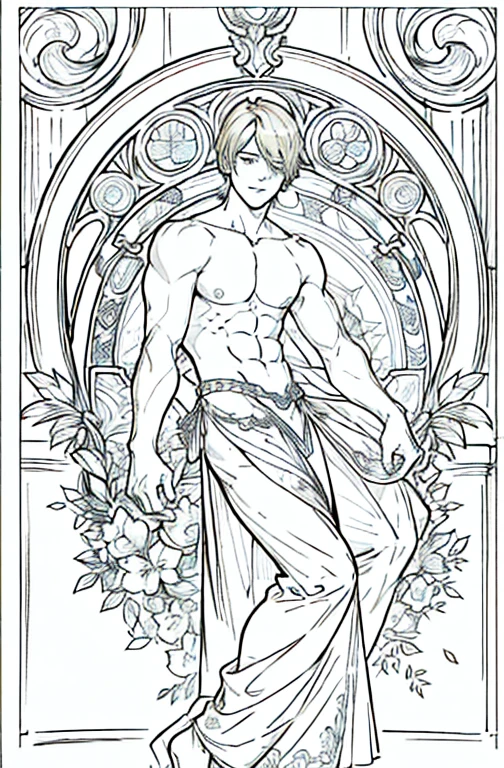 European man's portrait, full body picture, handsome man, straight short hair covering half his face, curly eyebrow, sanji, attractive, blonde, romantic frame, decorative panel. abstract, elegant beauty, gentle, kind, sweet, nude, naked, 
Art by Alphonse Mucha, sketch, character lines and scenes without colors and shadows.
(Masterpiece, Best Quality, Highres:1.4), Detailed, Intricate Details, 4K, color splashes, line art, fibonacci, 