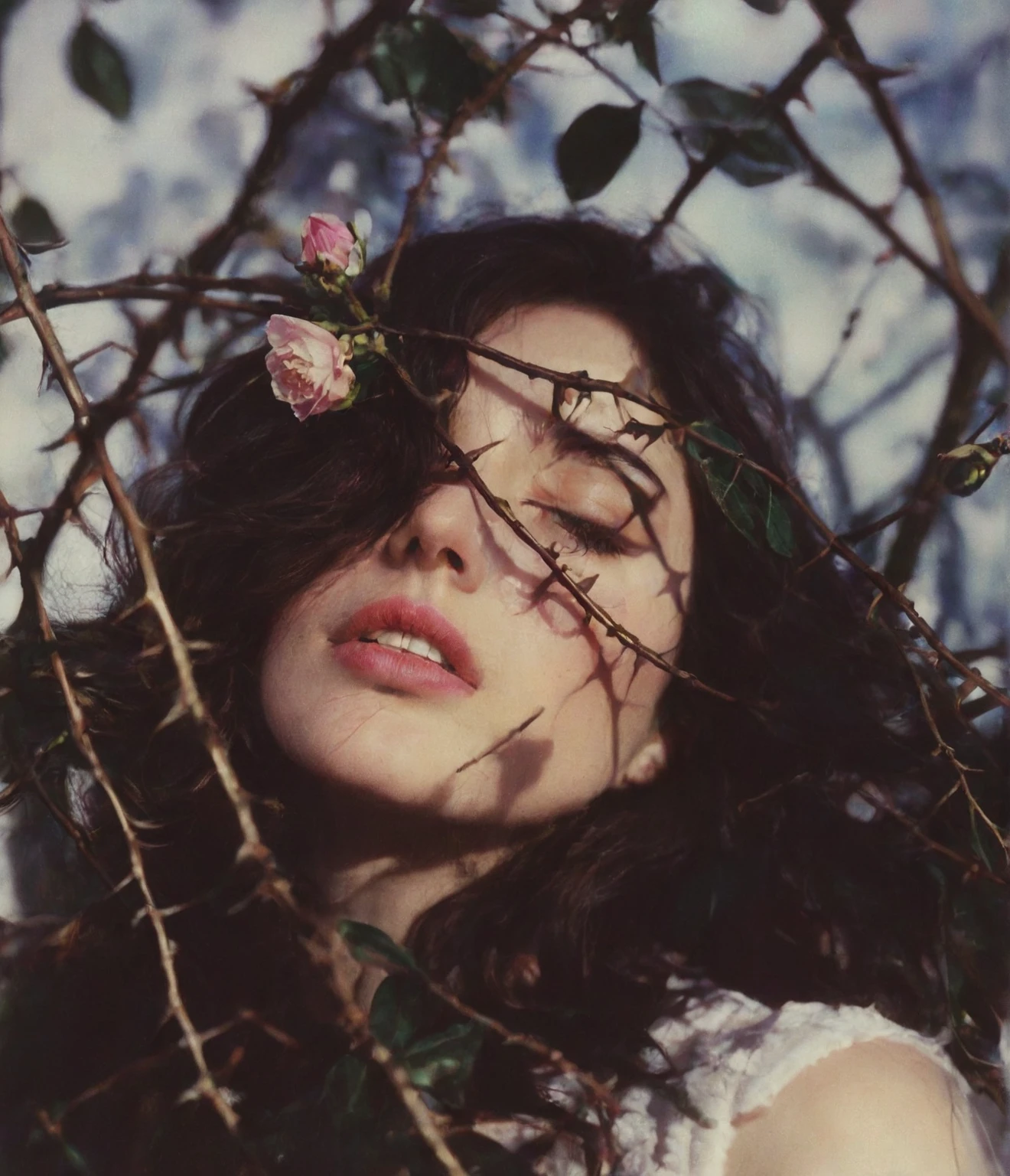 Hyperreal surreal portrait of a woman, digital artwork by Christian Hilfgott Brand, woman portrait, surreal, Hyper realistic, 8K resolution, high definition, detailed facial features, vibrant colors like pink and blue, dreamlike atmosphere, flowers in hair, gentle smile, closed eyes, mystical expression, ethereal quality, realistic texture. cinematographic photography