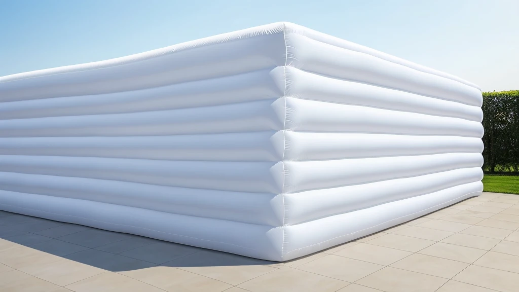 A wall composed of inflatable blocks，Front view，Realistic of a inflatable installation in the shape, white inflatable plastic film material, wrapped in a white polyester sheet. close-up，，minimalist, most best quality,32K Ultra HD, super detail, best quality, highres, high details，Top view
