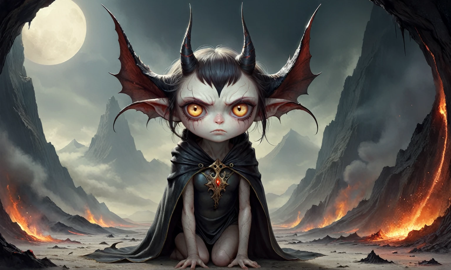 Full body length shot, famous artwork by (tom bagshaw:1.1), detailed expressive eyes, fantasy style, the grumpy lubwad is a tiny creature that prospers in intense heat, building its resiliforged lairs in the flanks of active volcanoes on planet ramsnuggle vi, here we get a good look at its dark ears and intricate eyes as it lays in ambush to prey on the grubby sneezlenook from the shadows of its yarbled hideout
RAW photo, realistic texture, extremely detailed, absurdres, sharp focus,  volumetric lighting, subsurface scattering
realistic skin, (natural skin:1), (skin details, skin texture:1.1), (skin pores:1), (skin imperfections:0.3), 
Mestichino,Light particles,marble leather ,ink photography ,RAW, NIKON Z9,ink photorealism,Mestichino,Light particles,marble leather ,ink photography , school of magic