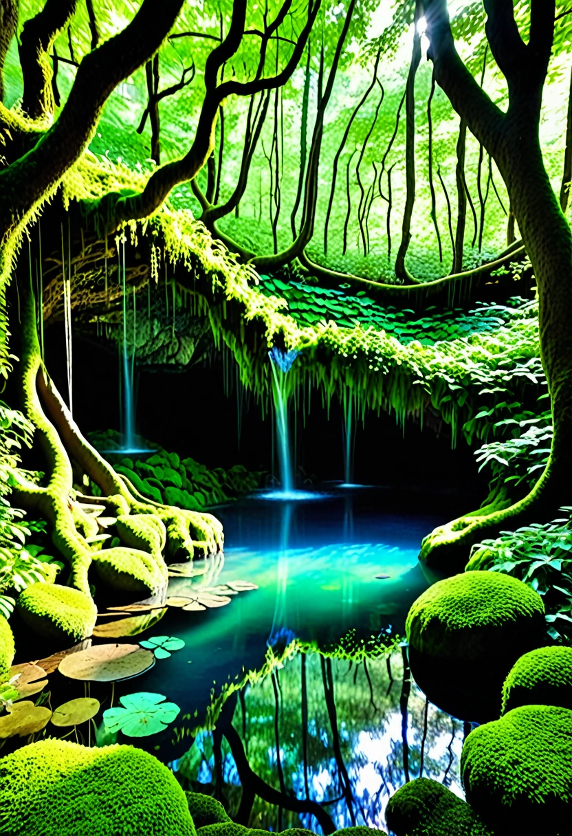 A mystical grotto deep in the forest, surrounded by towering, ancient trees with twisted branches that cascade over the entire scene. The trees have an eerie, otherworldly appearance, their bark covered in glowing, bioluminescent moss. The entrance to the grotto is partially obscured by hanging vines and thick foliage. Soft, ethereal light filters through the canopy, casting dappled shadows on the forest floor. Inside the grotto, a small, crystal-clear pool reflects the vibrant greens and blues of the surrounding vegetation. The atmosphere is mysterious and enchanting, evoking a sense of hidden magic and ancient secrets.
