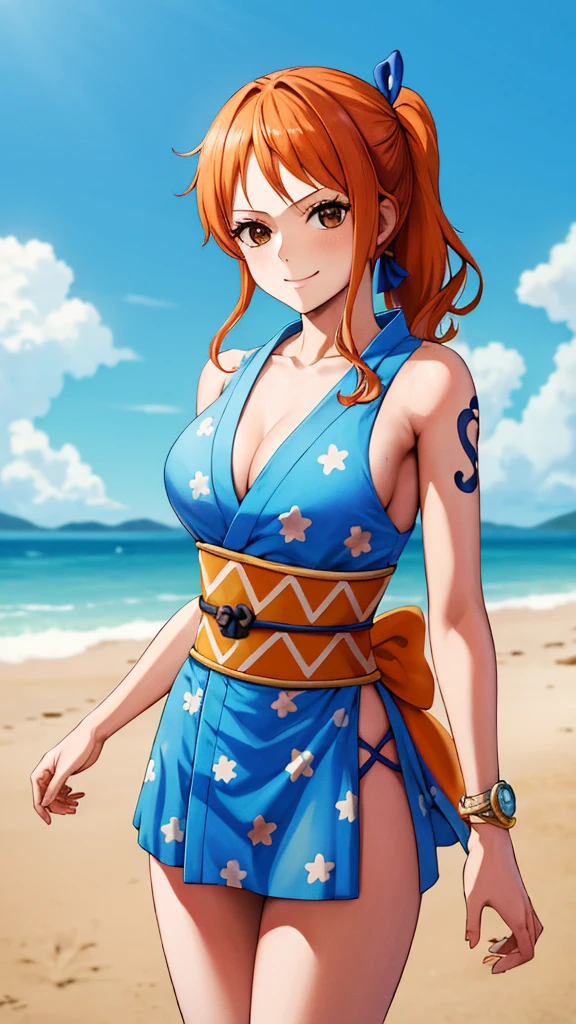 masterpiece, best quality, highres, nami (one piece), long hair, orange hair, low ponytail, hair ribbon, blue ribbon, brown eyes, collarbone, cleavage, short kimono, blue kimono, sleeveless, bare hands, bracelet, sash, obi, standing, cowboy shot, challenging pose, beach mood, beautiful beach, smile,