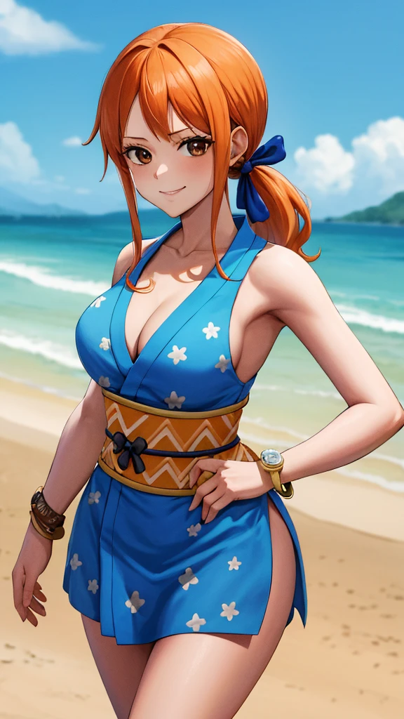 masterpiece, best quality, highres, nami (one piece), long hair, orange hair, low ponytail, hair ribbon, blue ribbon, brown eyes, collarbone, cleavage, short kimono, blue kimono, sleeveless, bare hands,  bracelet, sash, obi, standing, cowboy shot, challenging pose, beach mood, beautiful beach, smile,