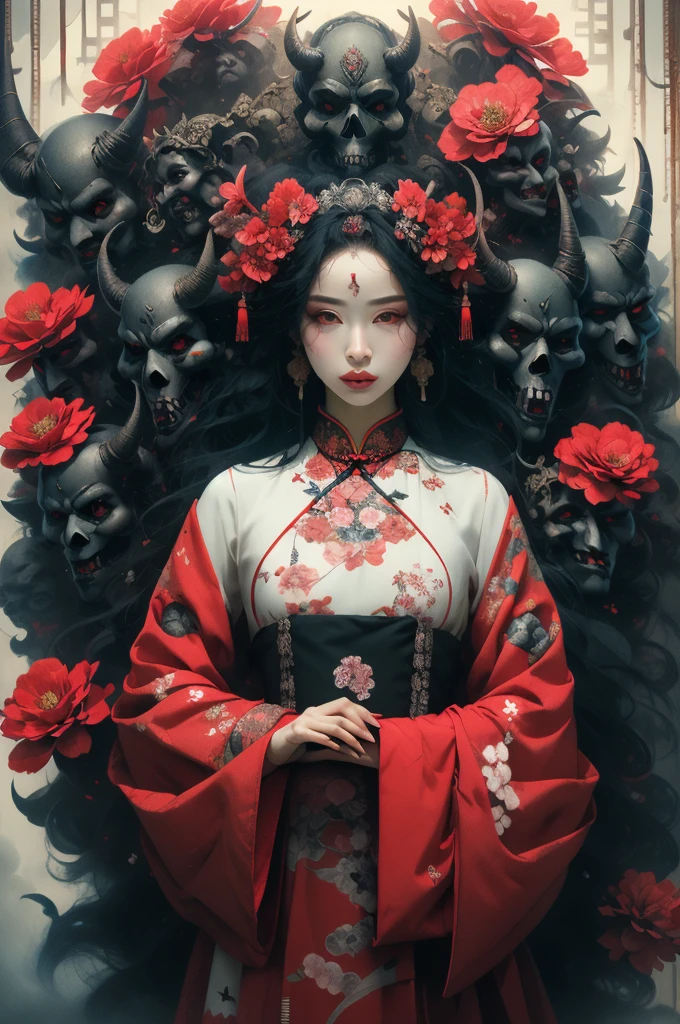 (masterpiece:1.2), best quality,pixiv,
1girl, flower, black hair, red eyes, hair ornament, hair flower, mask, looking at viewer, red flower, long sleeves, standing, red dress, holding, tattoo, wide sleeves, dress, own hands together, horns, skull, artist name, short hair, chinese clothes, robe
 