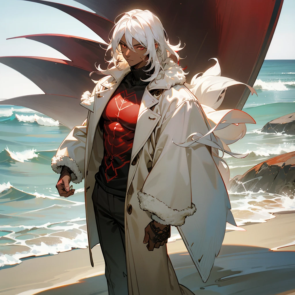 1male, young adult, dark skin, finely detailed crimson eyes, wild medium hair, seashell white hair color, long sleeve turtleneck sweater, oversized fur coat, standing on coast, day time, beach, somber expression, muscular, flowers, tattoos