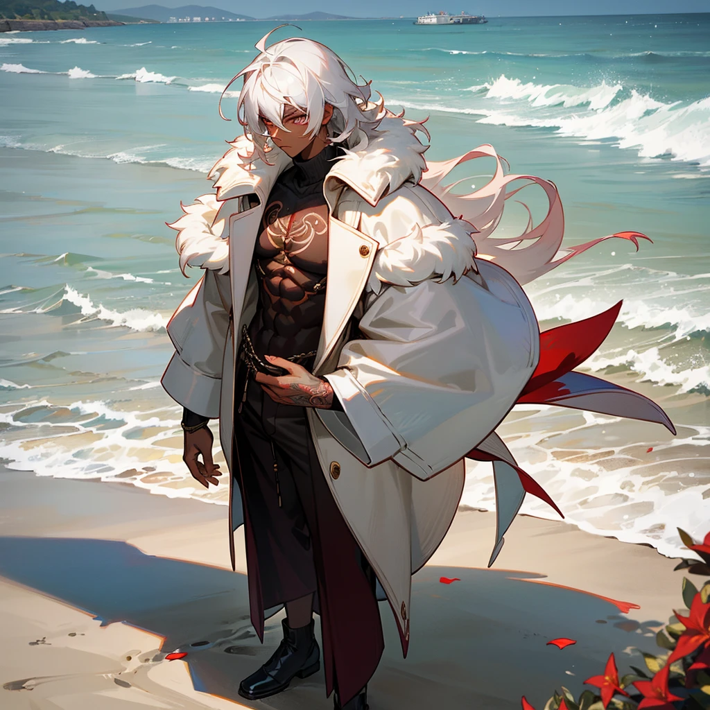 1male, adult, dark skin, finely detailed crimson eyes, wild medium hair, seashell white hair color, long sleeve turtleneck sweater, oversized fur coat, standing on coast, day time, beach, somber expression, muscular, flowers, tattoos