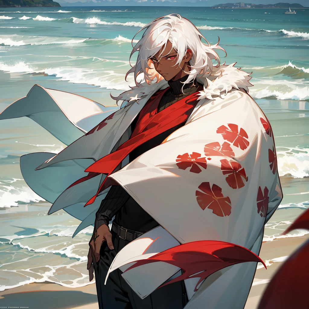 1male, young adult, dark skin, finely detailed crimson eyes, wild medium hair, seashell white hair color, long sleeve turtleneck sweater, oversized fur coat, standing on coast, day time, beach, somber expression, muscular, flowers, tattoos