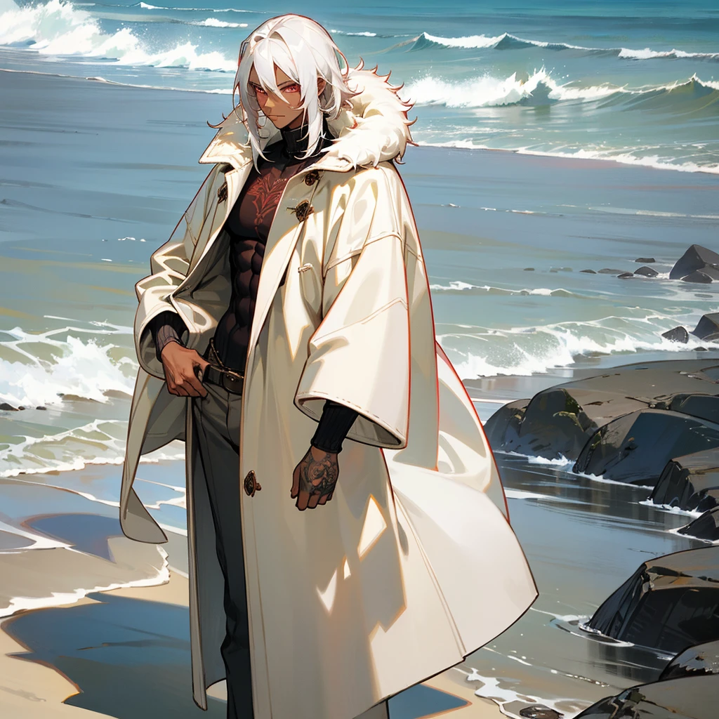 1male, young adult, dark skin, finely detailed crimson eyes, wild medium hair, seashell white hair color, long sleeve turtleneck sweater, oversized fur coat, standing on coast, day time, beach, somber expression, muscular, flowers, tattoos