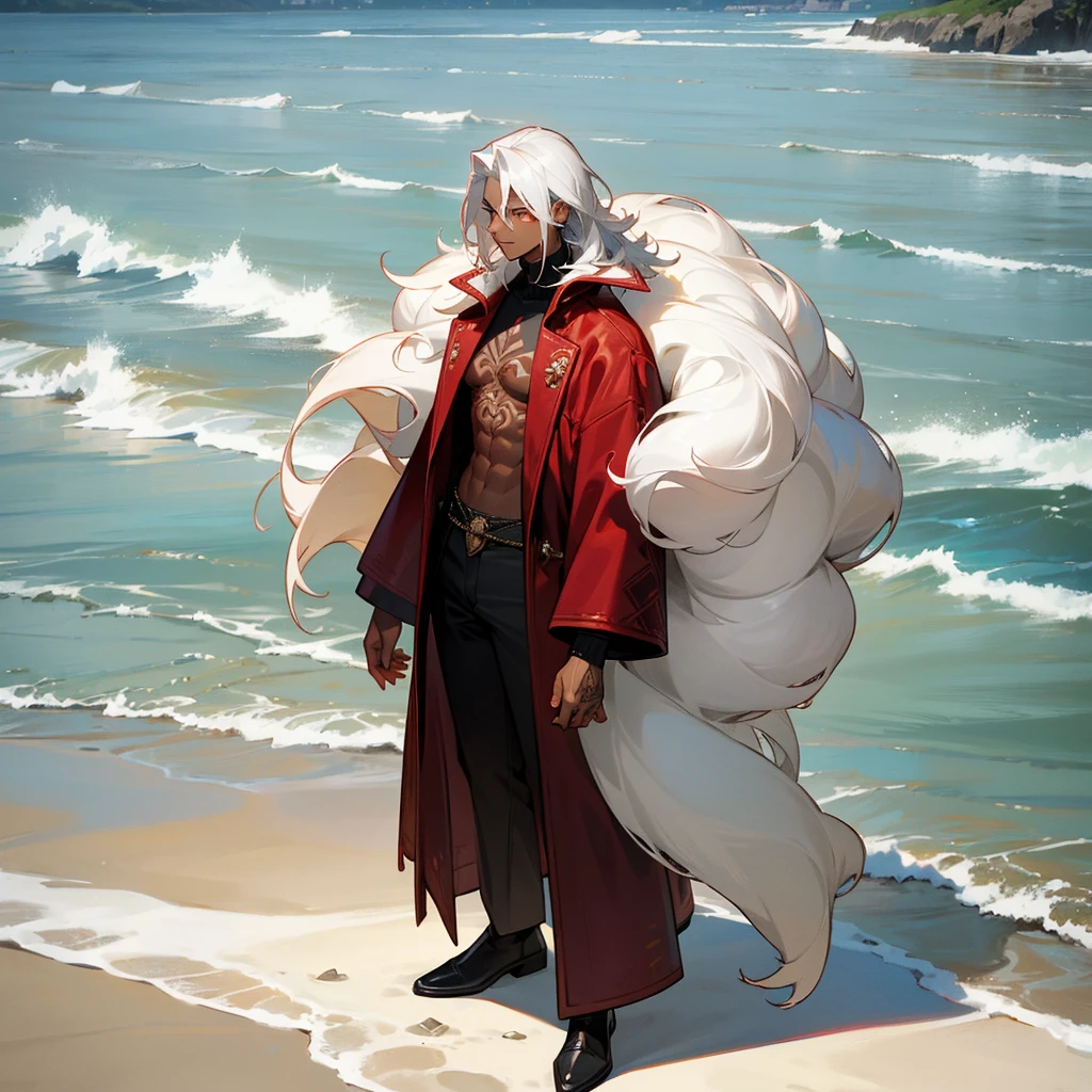 1male, young adult, dark skin, finely detailed crimson eyes, wild medium hair, seashell white hair color, long sleeve turtleneck sweater, oversized fur coat, standing on coast, day time, beach, somber expression, muscular, flowers, tattoos