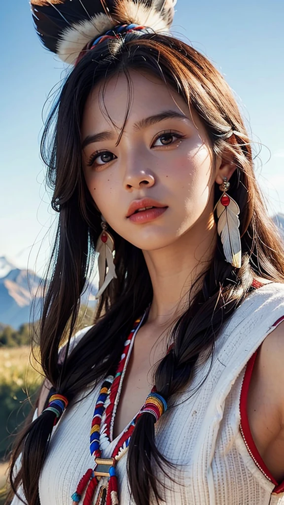 Very beautiful native american woman, traditional cloths, Sharp focus, hyper realistic, evening sunshine, mountain, close-up,